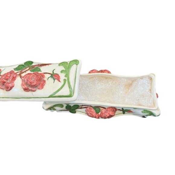 Hand-Painted Ceramic Jewelry Trinket Box With Pink Roses & Green Vines Design - Picture 3 of 12
